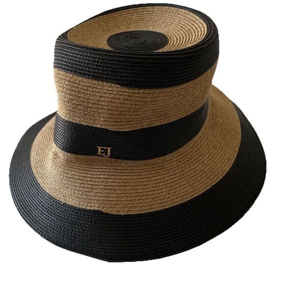 $240 New Eric Javits Women\'s Packable Stripe Bucket Straw Hat~ Black and Tan main image 4